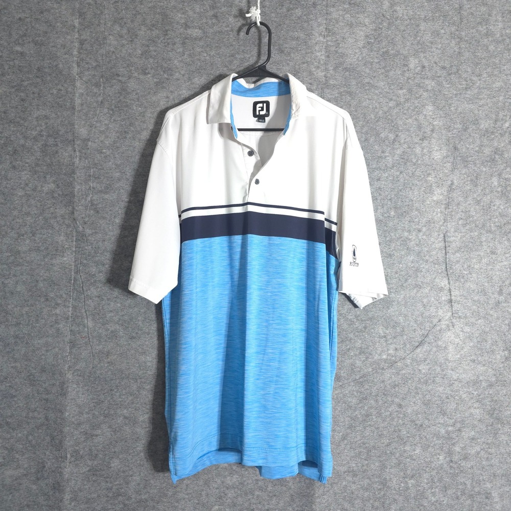 FootJoy Mens Golf Polo Shirt Large White Blue Stripe Riverton Logo Performances‎